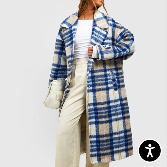 Boohoo Jackets & Blazers - Boohoo Oversized Check Wool Look Coat Blue & White Sherpa Size 2
